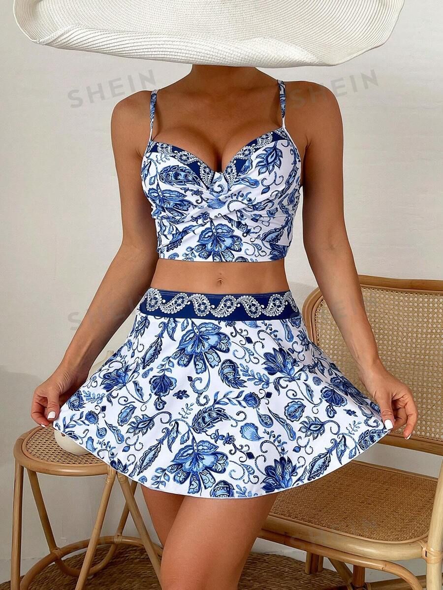 Peas Print Cami Top With Skirt Pants Swimsuit Set Carnival | SHEIN