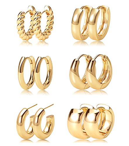 Gold Hoop Earrings Set 14k Real Gold Plated Huggie Earrings Hypoallergenic Chunky Twisted Thick Jewelry for Multiple Piercing for Women (gold hoop style01) | Amazon (US)
