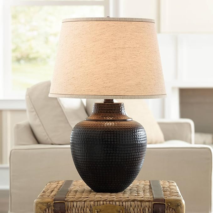 Brighton Rustic Table Lamp Hammered Bronze Metal Pot Beige Linen Drum Shade for Living Room Famil... | Amazon (US)