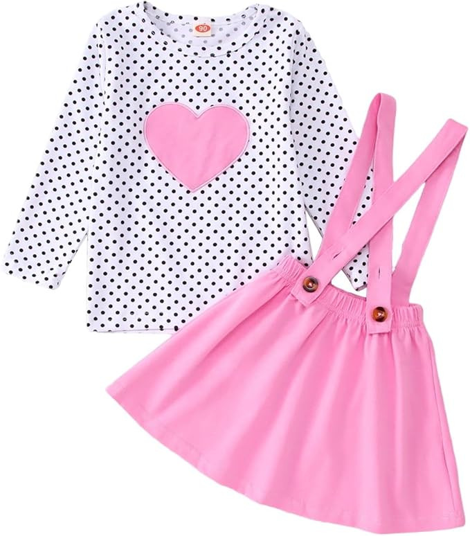 MODNTOGA Toddler Baby Girl Valentine's Day Outfit Long Sleeve Dot Heart Shirt Top+Suspender Strap... | Amazon (US)