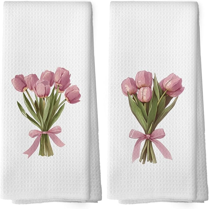 Pink Bows Tulips Bouquet Kitchen Towels Set of 2, Coquette Pink Tulip Girly Aesthetic Hand Towel ... | Amazon (US)