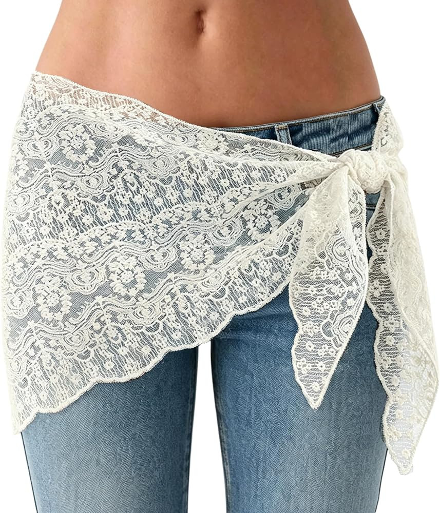 Women Tie Waist Lace Fringe Scarf Belt Tassel Hip Cover Up | Amazon (US)