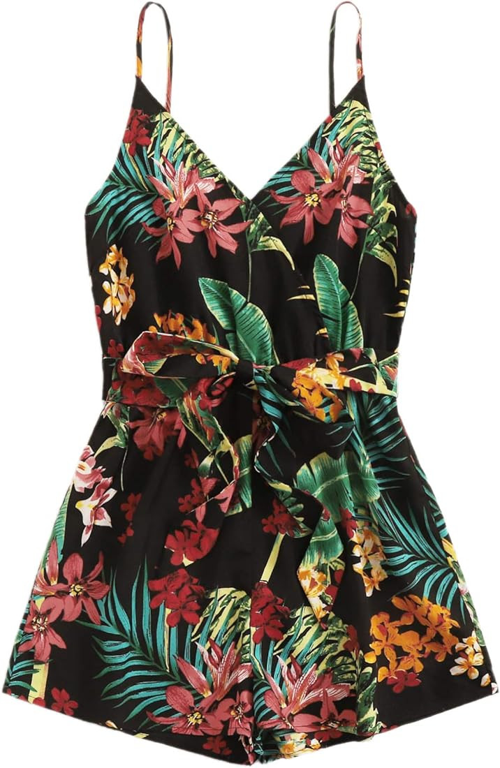 SweatyRocks Women's Boho Floral Print V Neck Beach Shorts Romper Jumpsuit with Belt | Amazon (US)