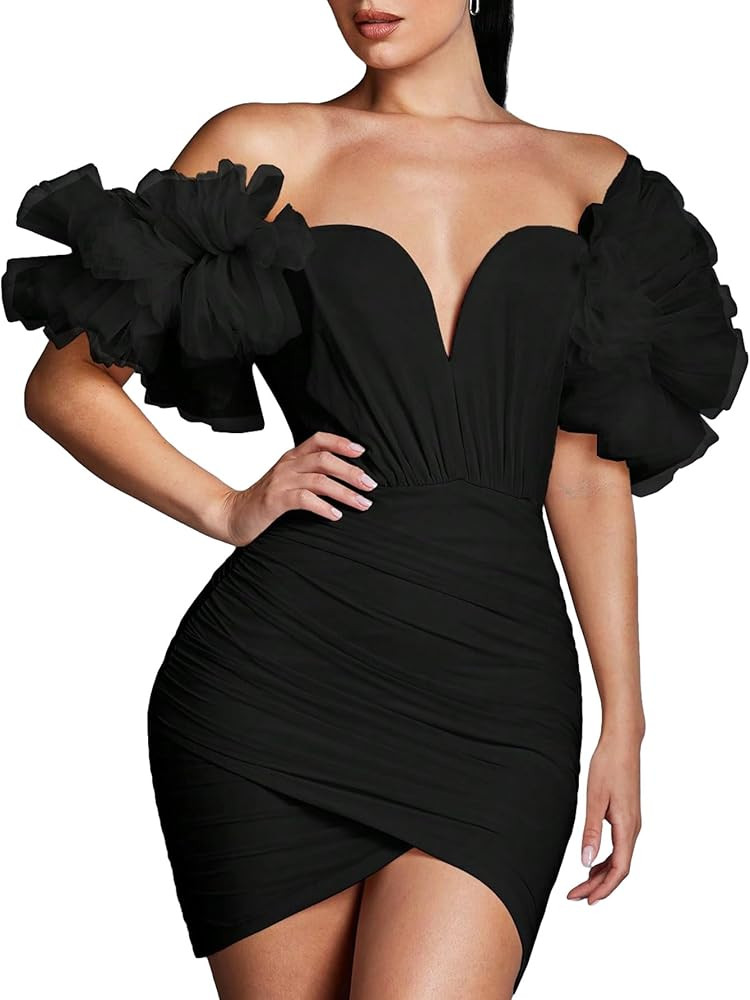 WDIRARA Women's Off Shoulder Prom Dress Puff Sleeve Ruched Mesh Cocktail Bodycon Party Elegant Mi... | Amazon (US)