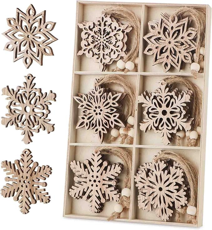 Binswloo 24pcs Wooden Snowflakes Ornaments, Unfinished Wood Cutouts Christmas Tree Hanging Orname... | Amazon (US)