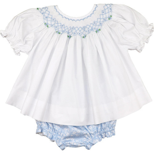 Blue And White Floral Smocked Rosette Diaper Set  - Shipping Late March | Cecil and Lou
