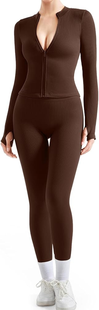 SUUKSESS Women 2 Piece Seamless Ribbed Workout Sets With Zip Up Jacket High Waisted Gym Yoga Legg... | Amazon (US)