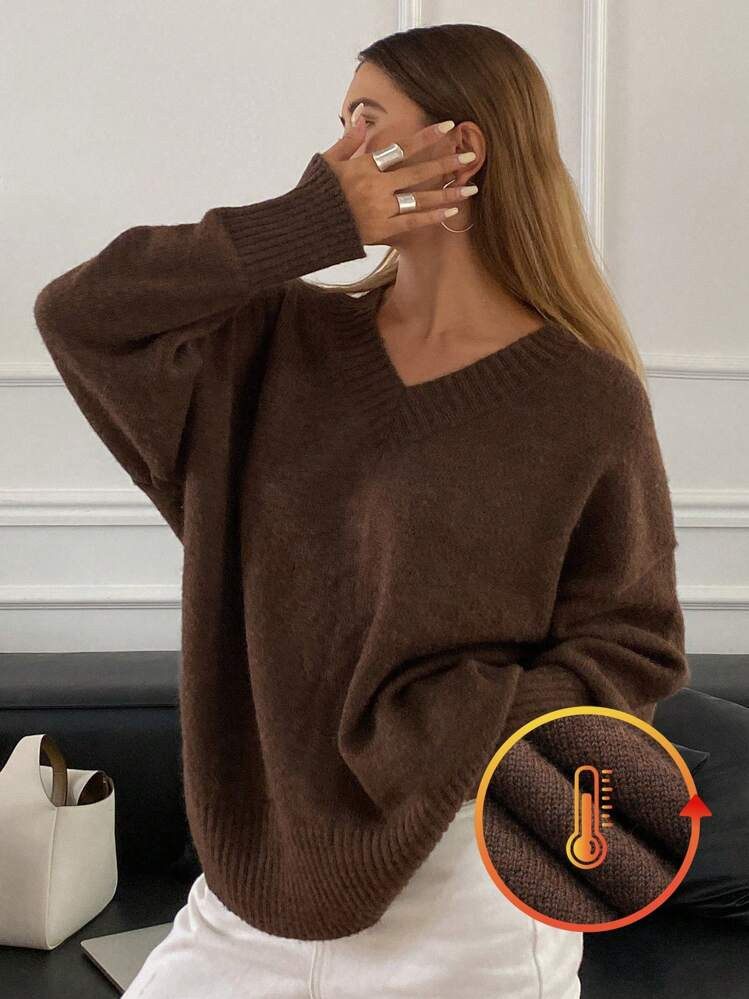 DAZY Damen Lässiger, Lockerer Einfarbiger V-Ausschnitt Pullover Mit Abgesetzten Schultern Und Langarm, Herbst/Winter, Drei Viertel Ärmel Oberteil | SHEIN
