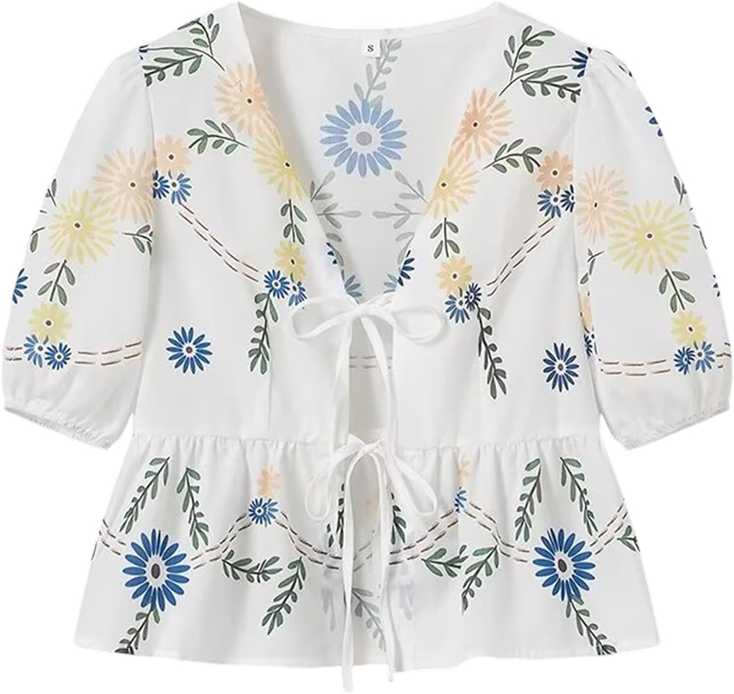 Yimoon Women's Y2K Bow Tie Front Babydoll Blouse Puff Short Sleeve Peplum Ruffle Hem Summer Going... | Amazon (US)