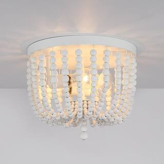 TRUE FINE 12.6 in. 3-Light Bohemia Antique White Wood Beaded Flush Mount Ceiling Light TD90018CEL... | The Home Depot