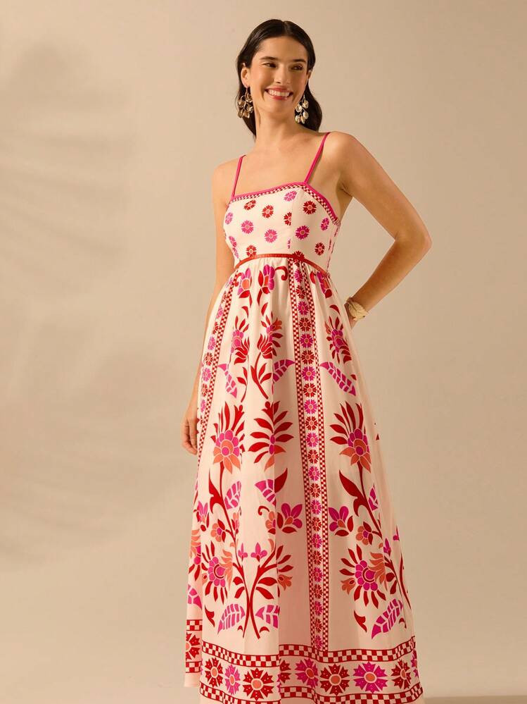 CAJUNI Women Vacation Spaghetti Strap Backless Selenipedium And Azalea Print Camisole Casual Summer Dress, Elegant And Graceful | SHEIN