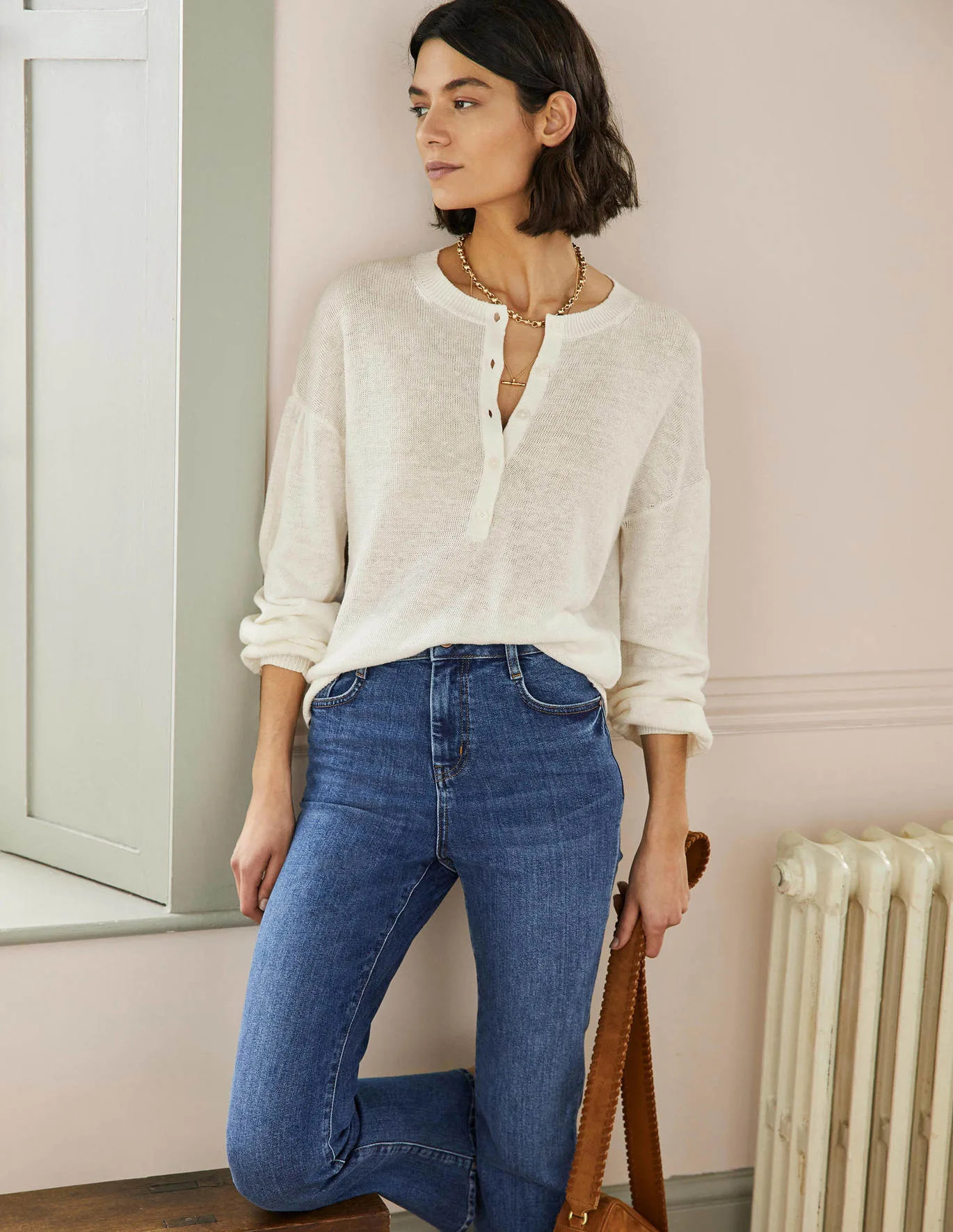 Leandra Linen Henley Sweater - Ivory | Boden (US)