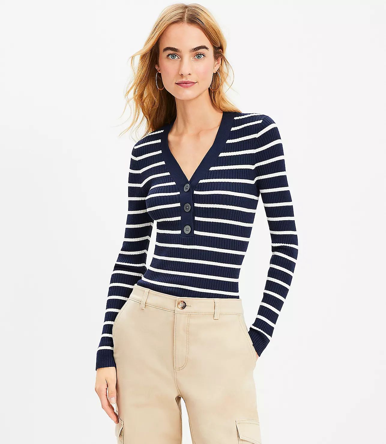 Stripe Ribbed Henley Sweater | LOFT