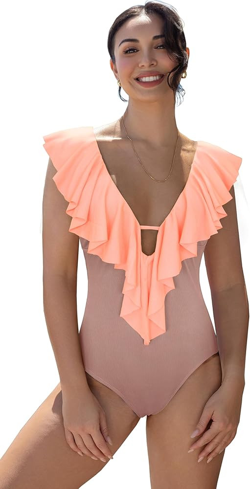 SPORLIKE Women One Piece Swimsuit V-Neck Ruffle Bathing Suit Padded Monokini | Amazon (US)