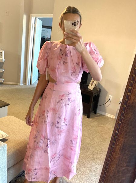 Nordstrom Rack tryon! I bought this dress for my cousins wedding and it’s gorgeous! It didn’t fit me right (wearing a size 4) but would be so pretty for a wedding, shower, or really any spring event 😍 

pink puff sleeve maxi dress, Bardot, pink floral dress, open back 

#LTKunder100 #LTKwedding