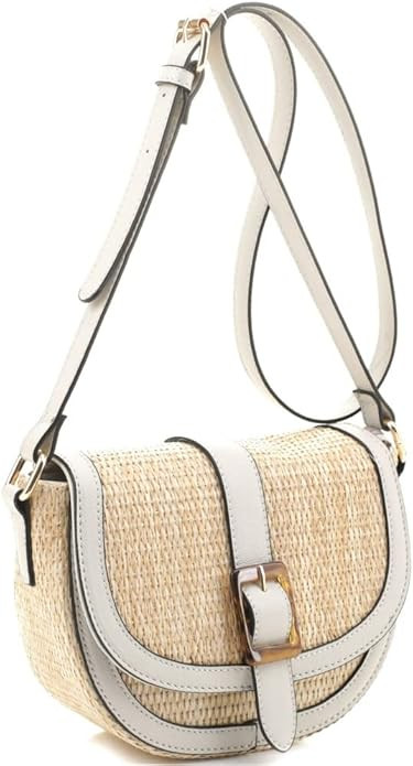 Womens Classy Straw Rattan Vegan Leather Flap Saddle Satchel Flap Crossbody Purse Bag | Amazon (US)