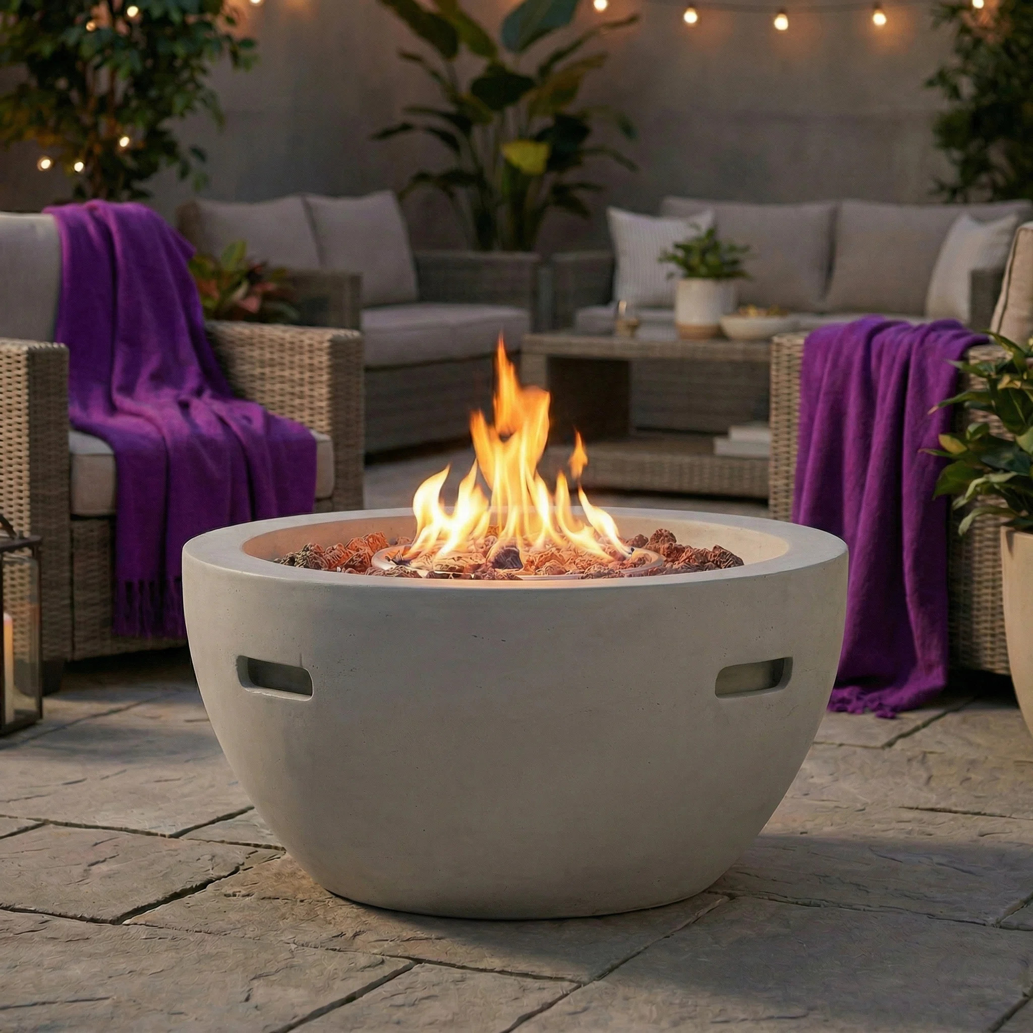 27'' MGO Propane Outdoor Fire Pit with Lightweight Concrete Finish, 40000 BTU Round Fire Pit Table with Steel Burner & Lava Rocks for Patio Backyard | Wayfair North America