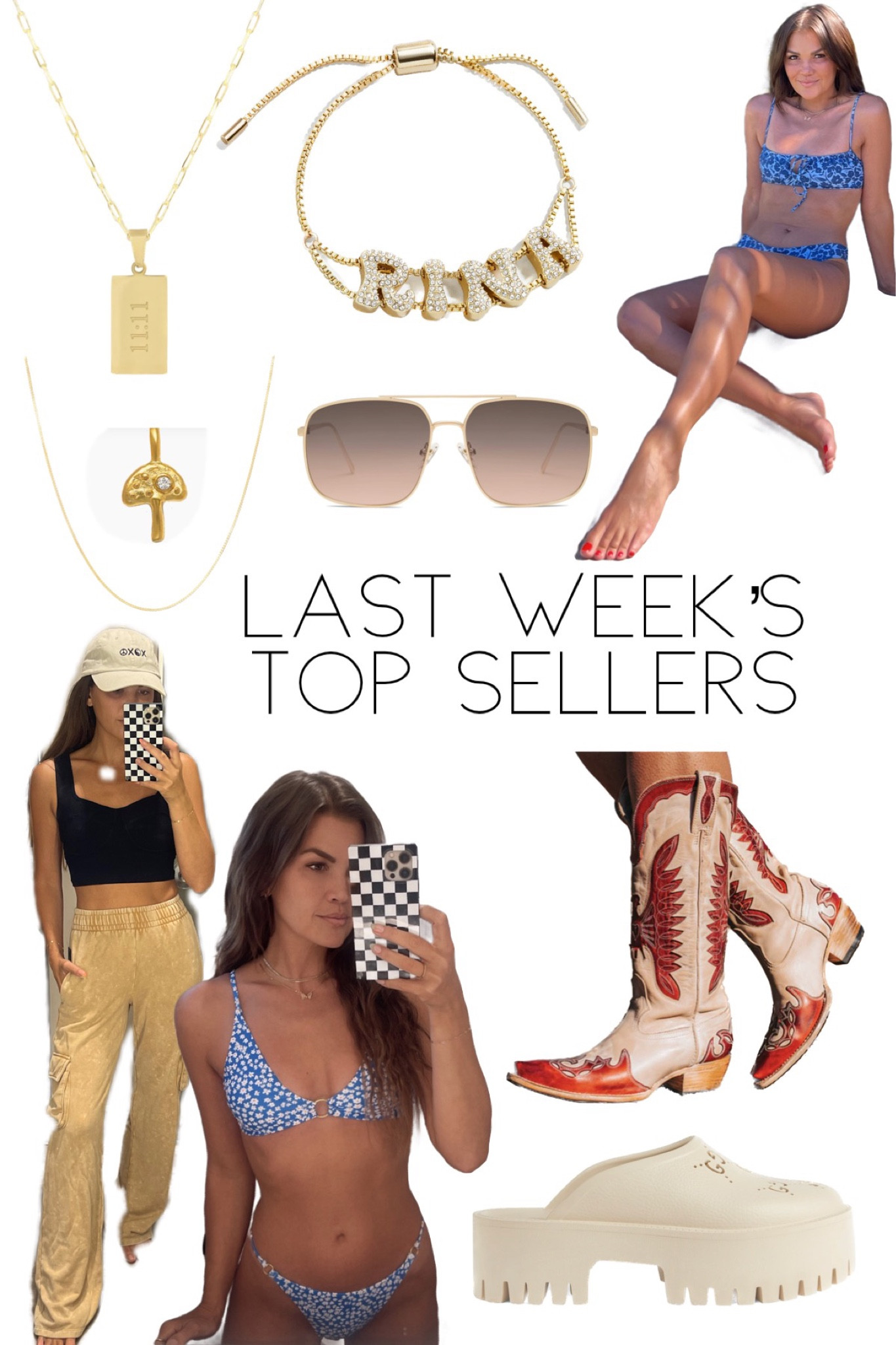 Last Week’s Top Sellers - End of August 
-
1. Electric Picks 11:11 Necklace - Code: WildOne20
2. Sequin Jewelry Mini Mushroom Necklace (charm and chain) - Code: KristinRose20
3. Baublebar Custom Name Slider Bracelet 
4. Skatie Bikini 
5. Sojos Sunglasses 
6. Freebird Willie Western Boots 
7. Gucci Lookalike Clogs 
8. Amazon Floral Print Bikini
9. Cargo Sweatpants
10. Black Cropped Top



#LTKshoecrush #LTKswim #LTKstyletip
