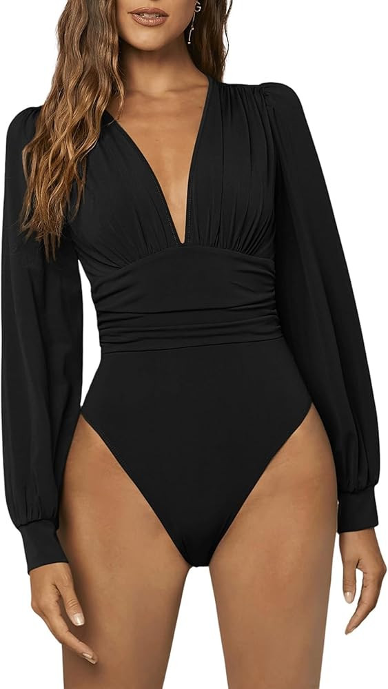 GORGLITTER Women's Sexy Ruched Deep V Neck Long Sleeve Bodysuit Plunging Neckline Leotard Shirts | Amazon (US)