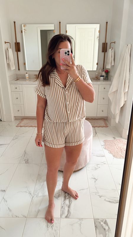 my fave pajamas in beige and white stripe! wearing size large. so soft and comfy 

#LTKMidsize #LTKFindsUnder100