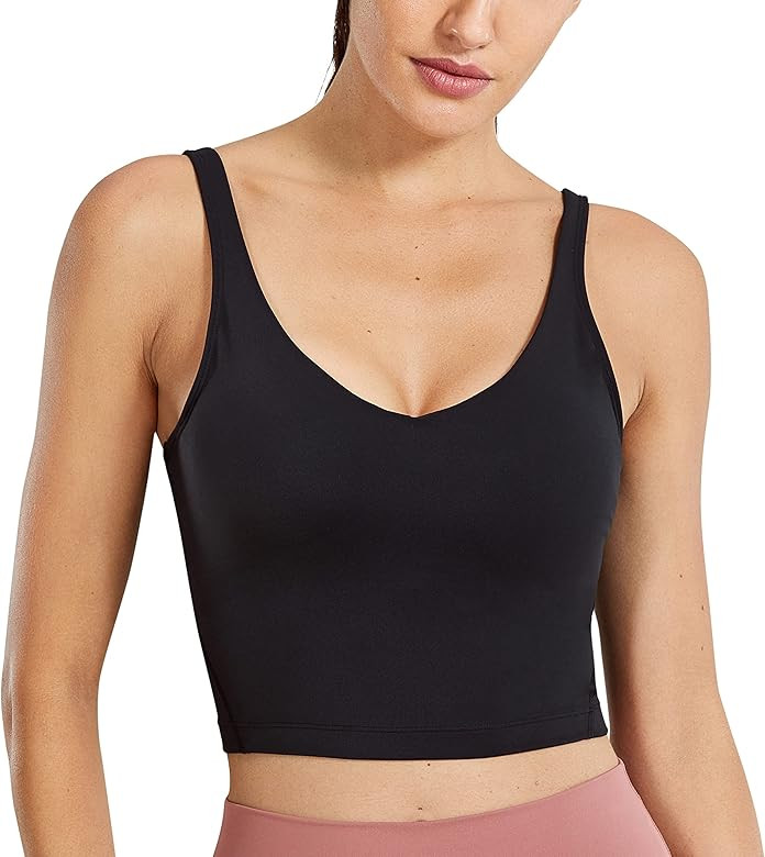 CRZ YOGA Womens V Neck Workout Tank Tops with Built in Bras - Cropped Padded Athletic Longline Sp... | Amazon (US)