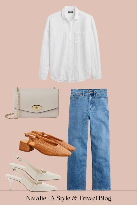 Classic outfit idea for a business casual or casual office. I also love this for the weekend or a casual weeknight dinner, which is the vibe of the bag I styled it with. I wear jeans throughout the summer, but this would be cute with linen pants too. 

#LTKWorkwear #LTKFindsUnder100 #LTKStyleTip