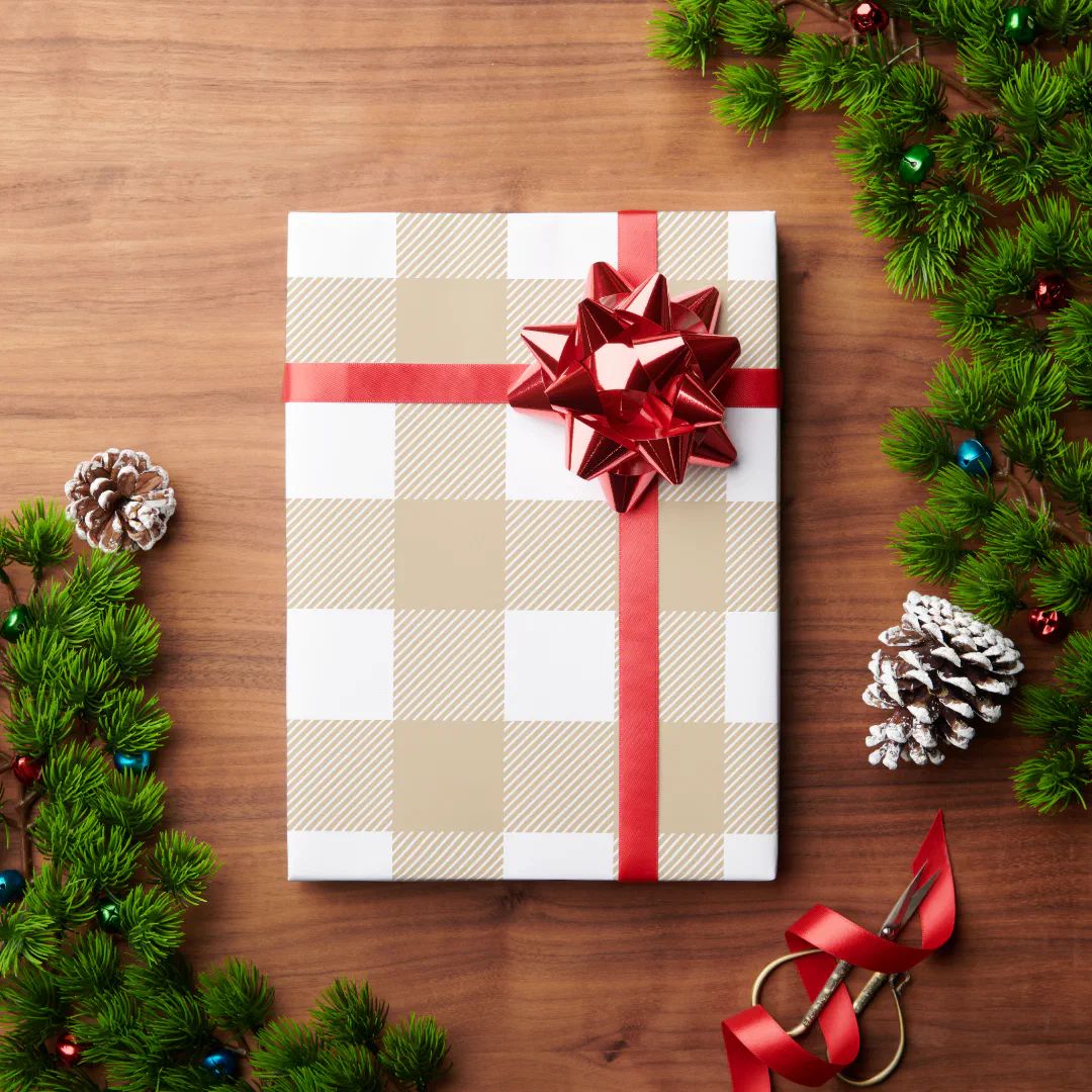 Rustic Kraft Tan and White Buffalo Plaid Christmas Wrapping Paper | Zazzle | Zazzle