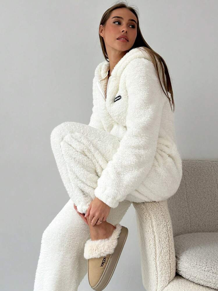 Aloruh Women Fleece Hooded Zipper Jumpsuit, Warm Casual Home Wear For Christmas & Halloween, Autu... | SHEIN