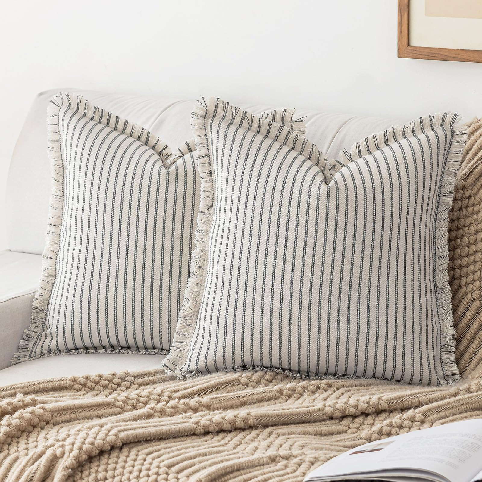 Throw Pillow Covers 22x22 Set of 2 Striped Fringe Pillow Cover Farmhouse Cushion Covers with Tass... | Amazon (US)