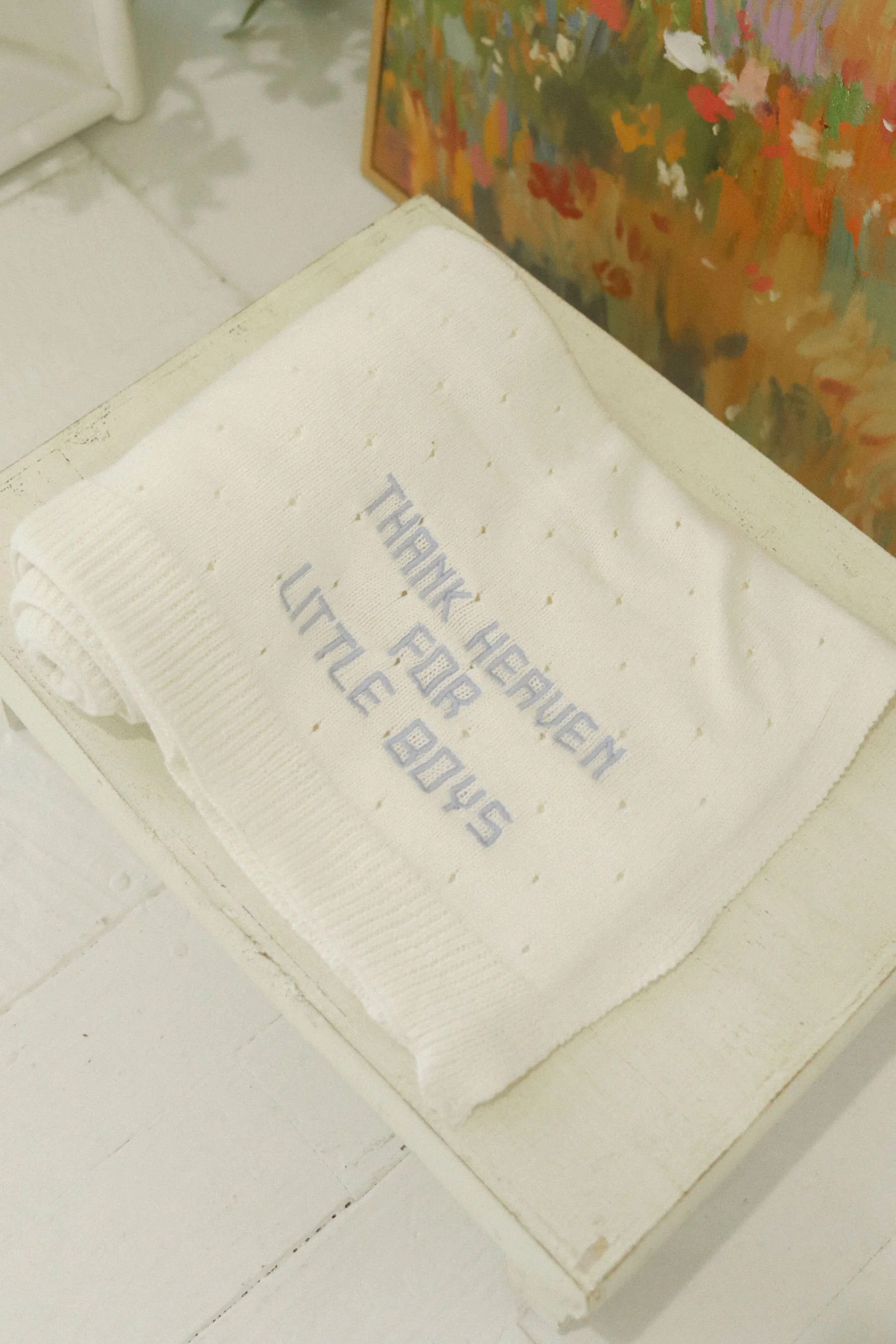thank heaven embroidered knit blanket | RIFFRAFF