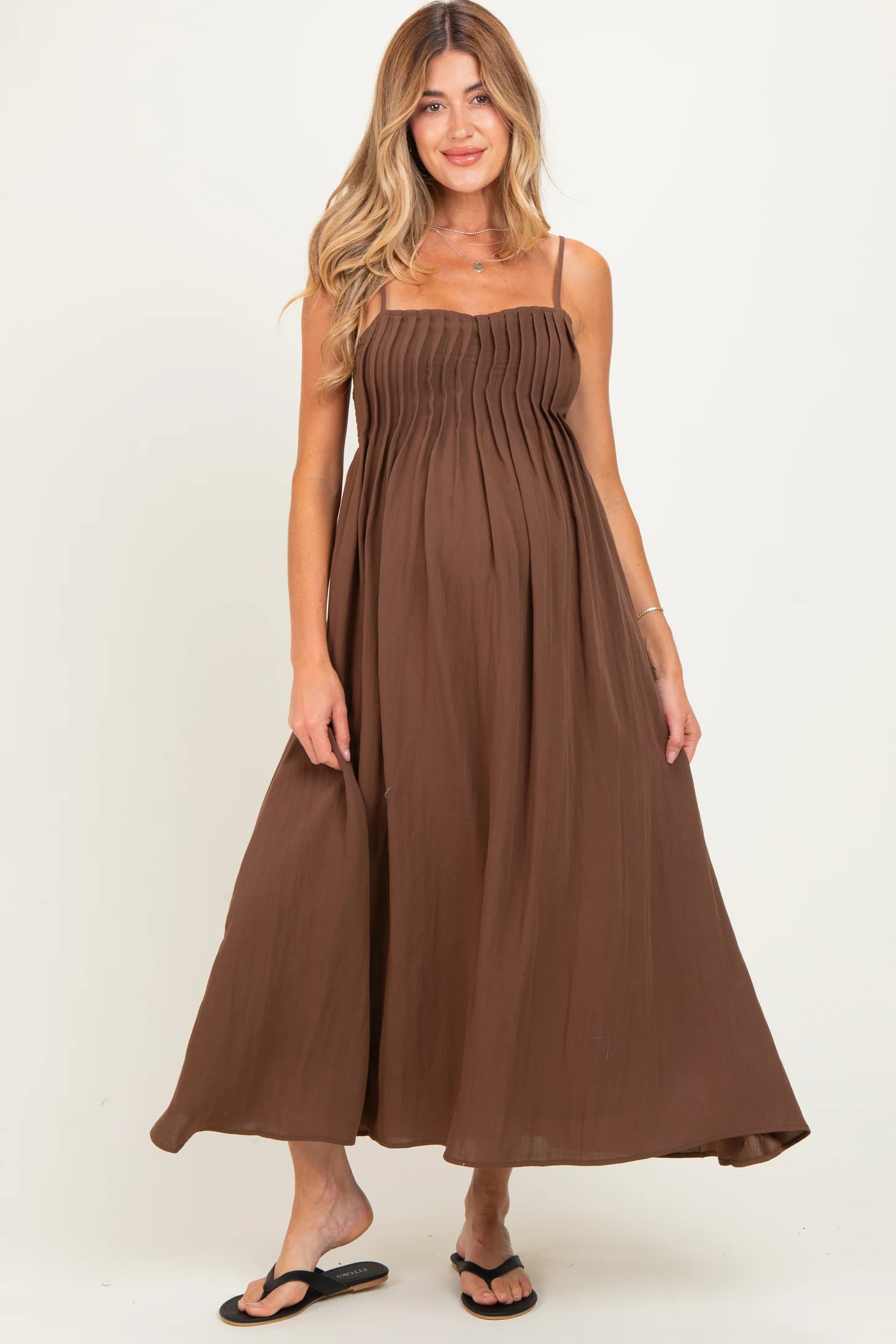 Dark Brown Pintuck Detail Sleeveless Maternity Maxi Dress | PinkBlush Maternity