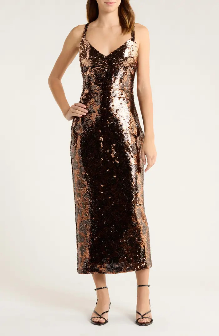 Noella Leopard Sequin Midi Sheath Dress | Nordstrom