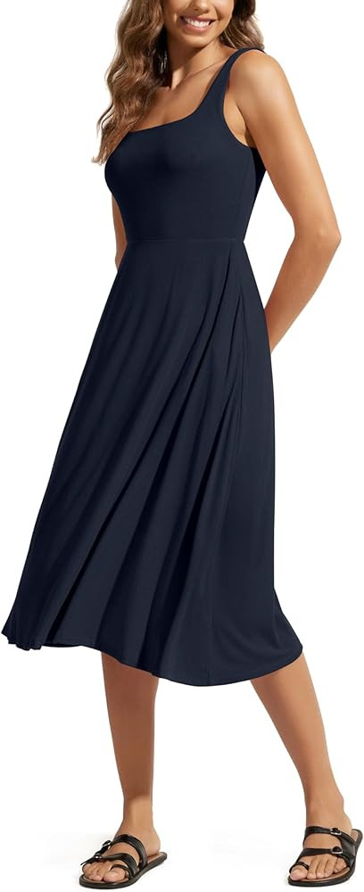 ODODOS Square Neck Midi Dress with Pockets for Women Summer Casual Sleeveless Sundress Flare Tank... | Amazon (US)