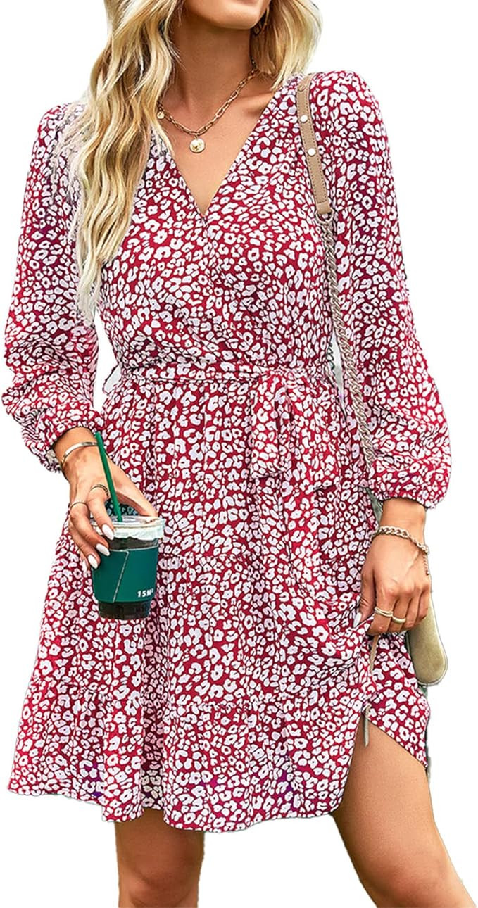 V Neck Floral Dress, Casual Long Sleeve Dress Skin Friendly for Holiday for Dating | Amazon (US)