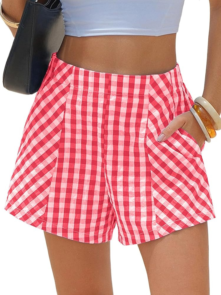 EXLURA Womens Boxer Shorts Summer Casual Cotton Gingham Shorts High Waist Plaid Y2K Beach Bottoms... | Amazon (US)