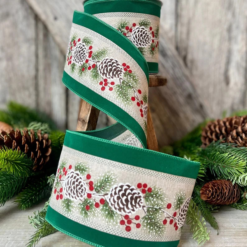 4" Green Velvet Pinecone Ribbon, Woodsy Christmas Ribbon, Pinecone Decor, Christmas Tree RIbbon, ... | Etsy (US)