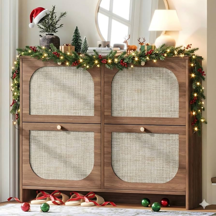 Nicetree Freestanding Ultra Slim Arched Rattan Accent Shoe Storage Cabinet for Entryway - 4 Flip ... | Amazon (US)