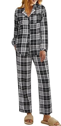 Ekouaer Pajamas for Women 2 Piece Lounge Set Long Sleeve Plaid Sleepwear Casual 2 Piece Pjs Black Grey Plaid,Small | Amazon (US)