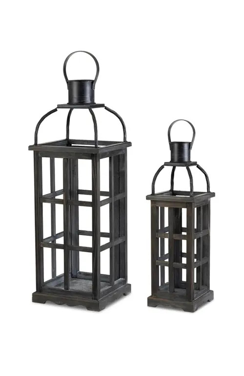 Glitzhome Set of 2 Farmhouse Vintage Wood & Metal Lanterns Candle Holders with Hanger in Black at Nordstrom, Size Small/medium | Nordstrom