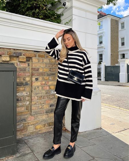 Black & white striped outfit from very. Striped knit jumper paired with faux leather straight leg trousers, Celine loafers & Céline triomphe bag

#LTKstyletip #LTKeurope #LTKSeasonal