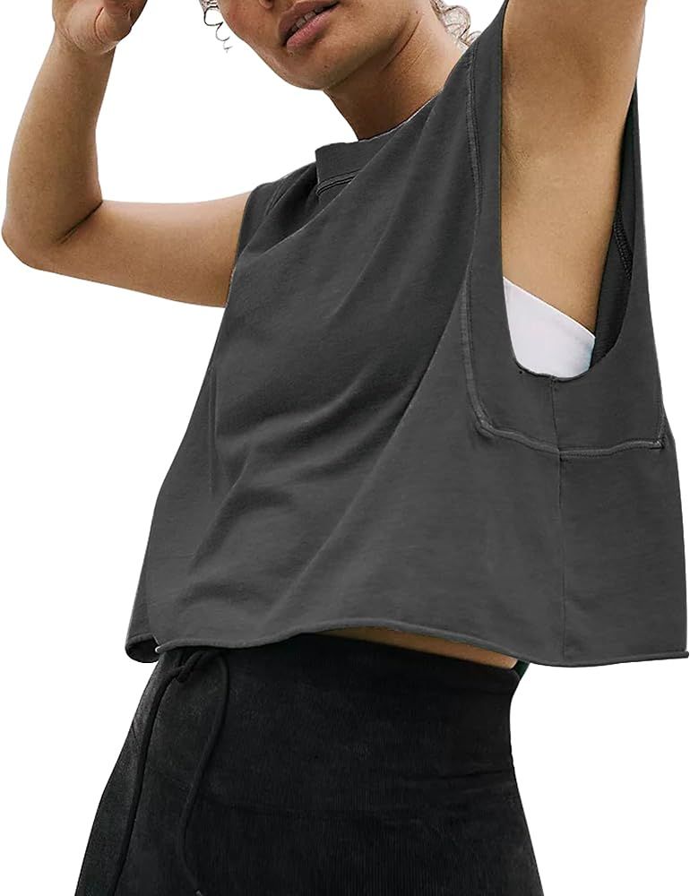 HUGOOME Women Workout Tank Tops Oversized Crop Sleeveless Tee Loose Fit Boxy Basic Yoga Active Su... | Amazon (US)