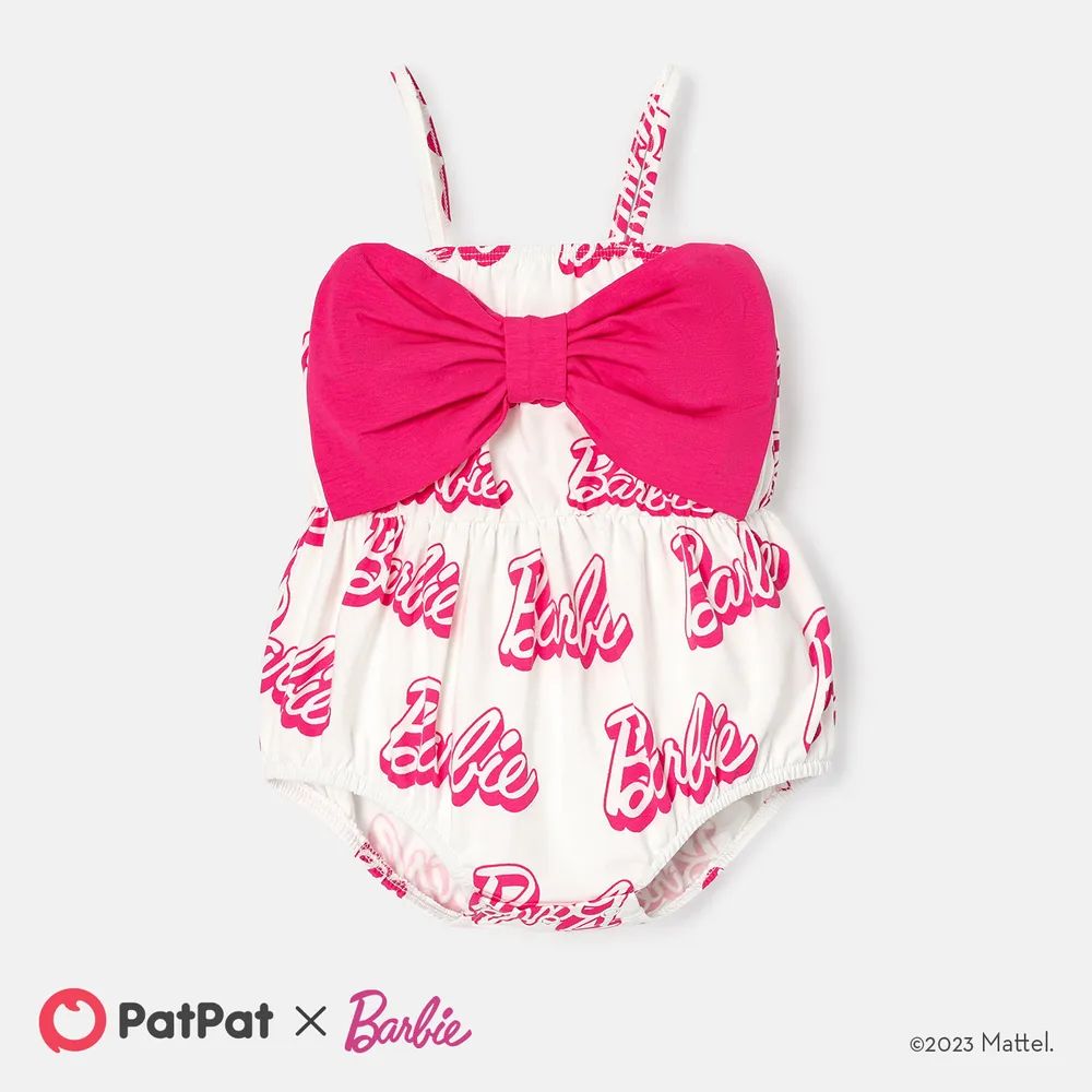 Barbie Baby Girl 95% Cotton Allover Letter Print Bow Front Cami Romper | PatPat