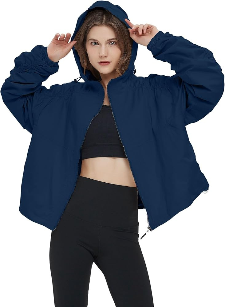 Cropped Jacket Women Cotton Lightweight Ruched Hooded Windbreaker Jacket Women Utility Anorak Jac... | Amazon (US)
