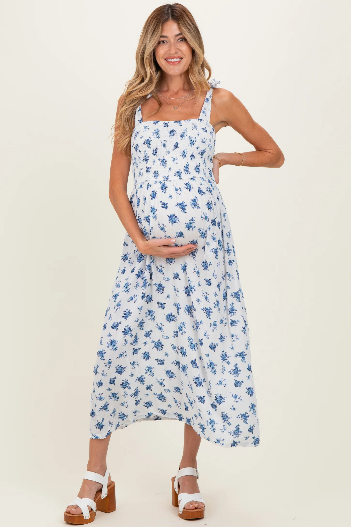 Ivory Smocked Bodice Tie Straps Floral Print Maternity Maxi Dress | PinkBlush Maternity