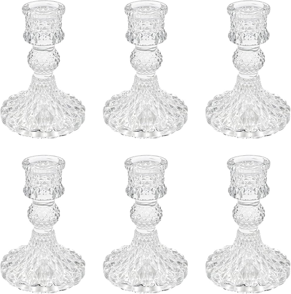 Showin Glass Candlestick Holders Set of 6, Clear Diamond Taper Candle Holders for Table Centerpie... | Amazon (US)