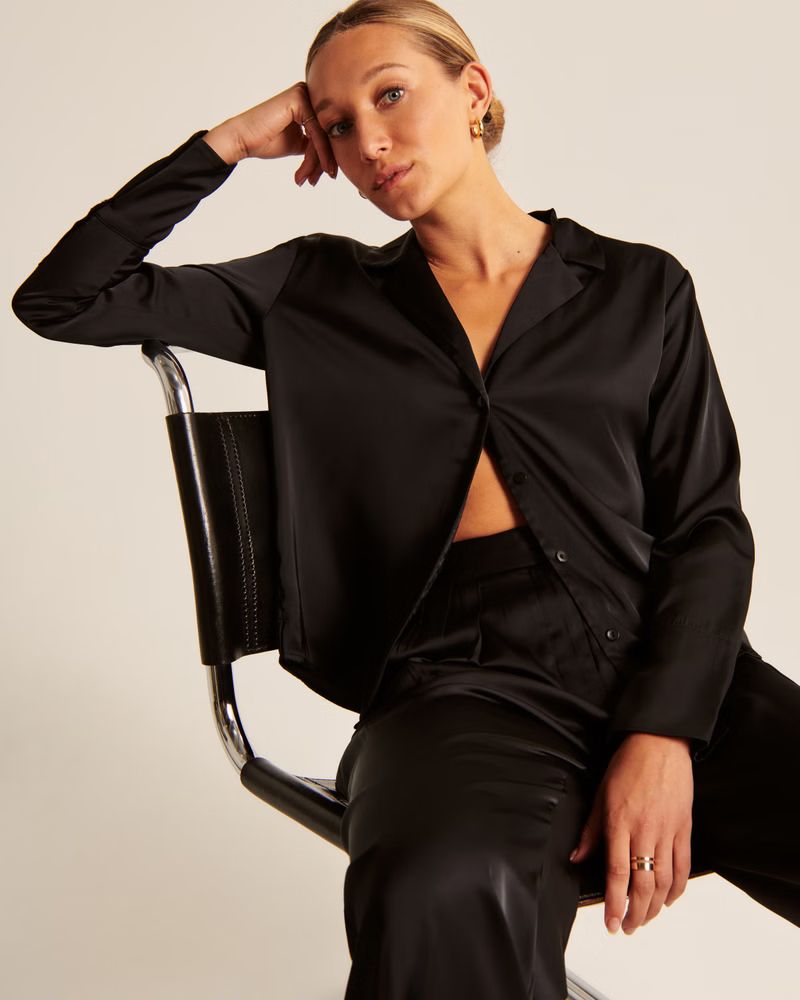 Women's Long-Sleeve Satin Lapel Button-Up Shirt | Women's Tops | Abercrombie.com | Abercrombie & Fitch (US)