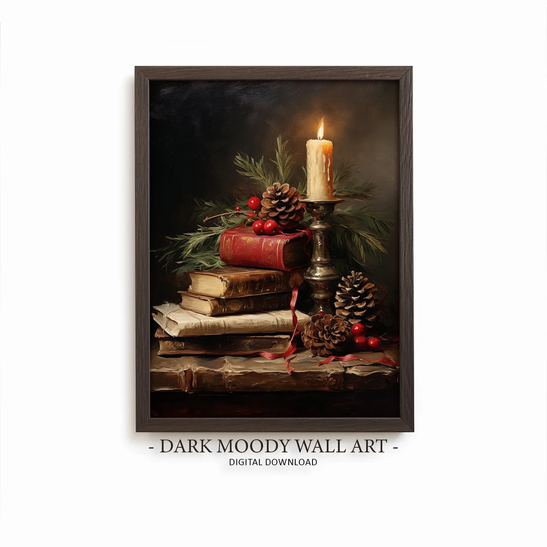Rustic Christmas Wall Art Book Art Candle Printable Vintage Christmas Decor Winter Print Oil Pain... | Etsy (US)