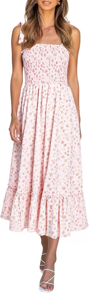 Imily Bela Womens Summer Floral Boho Dress Tie Strap Square Neck Smocked Ruffle A Line Beach Long... | Amazon (US)