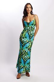 Zoe Cowl Front Printed Maxi Dress - Butterfly Print | MESHKI US