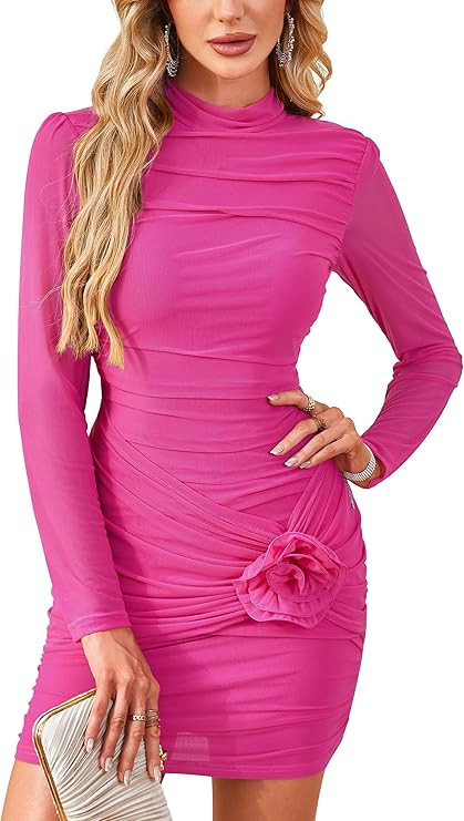 CCTOO Womens Sexy Ruched Bodycon Dress 3D Flower Long Sleeve Half-high Collar Club Party Mini Fit... | Amazon (US)